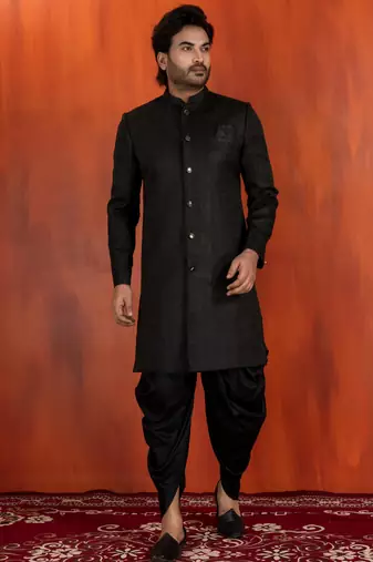 Black jacquard blend closed indo western sherwani and dhoti set for men with embroidered