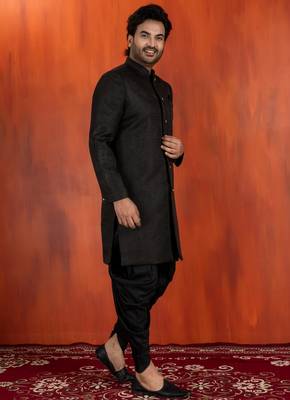 Black jacquard blend closed indo western sherwani and dhoti set for men with embroidered 3