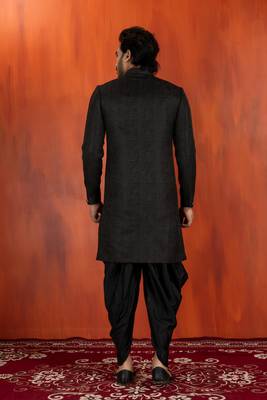 Black jacquard blend closed indo western sherwani and dhoti set for men with embroidered 4