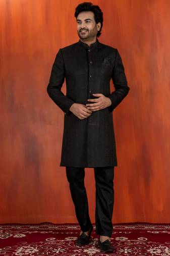 Black jacquard blend closed indo western and pyjama set for men with printed design