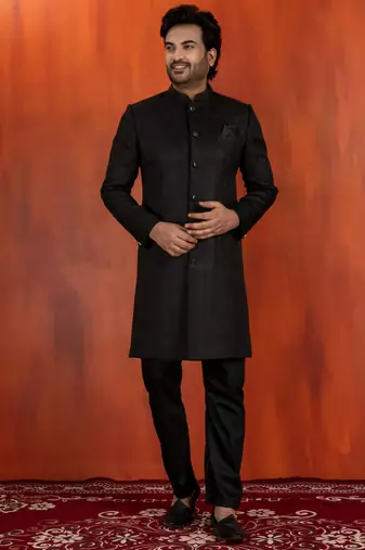 Black jacquard blend closed indo western and pyjama set for men with printed design