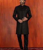 Black jacquard blend closed indo western and pyjama set for men with printed design