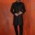Black jacquard blend closed indo western and pyjama set for men with printed design