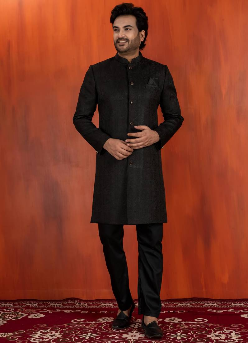 Black jacquard blend closed indo western and pyjama set for men with printed design