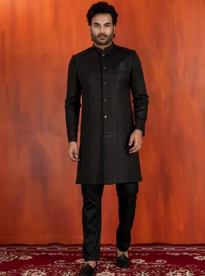 Black jacquard blend closed indo western and pyjama set for men with printed design 2
