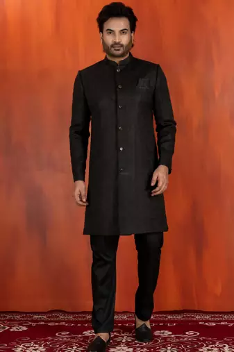 Black jacquard blend closed indo western and pyjama set for men with printed design