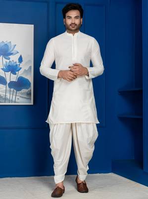 White silk blend kurta dhoti set for men with embroidered work 1