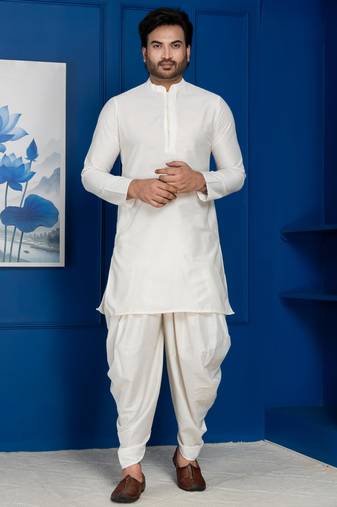 White silk blend kurta dhoti set for men with embroidered work