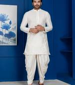 White silk blend kurta dhoti set for men with embroidered work