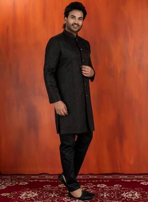 Black jacquard blend closed indo western and pyjama set for men with printed design 3