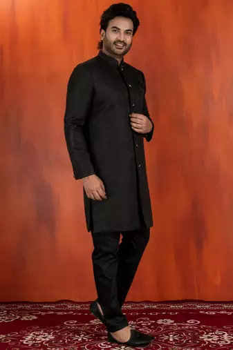 Black jacquard blend closed indo western and pyjama set for men with printed design