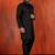 Black jacquard blend closed indo western and pyjama set for men with printed design