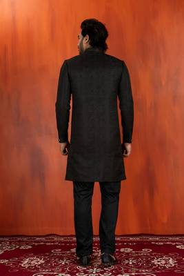 Black jacquard blend closed indo western and pyjama set for men with printed design 4