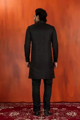 Black jacquard blend closed indo western and pyjama set for men with printed design