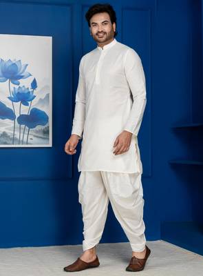 White silk blend kurta dhoti set for men with embroidered work 2