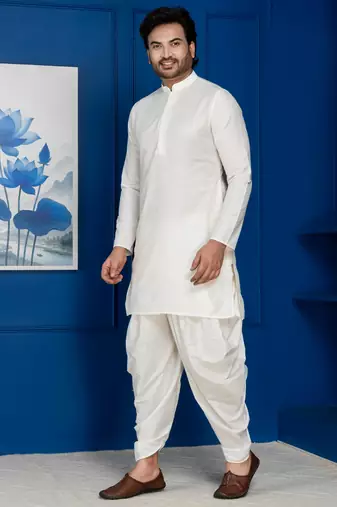 White silk blend kurta dhoti set for men with embroidered work