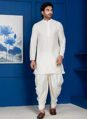 White silk blend kurta dhoti set for men with embroidered work 3