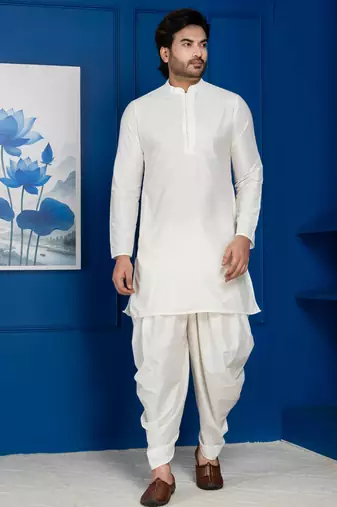 White silk blend kurta dhoti set for men with embroidered work