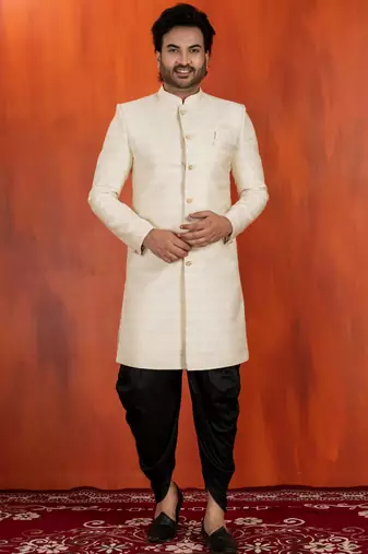 White jacquard blend closed indo western and dhoti set for men with embroidered work