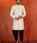 White jacquard blend closed indo western and dhoti set for men with embroidered work