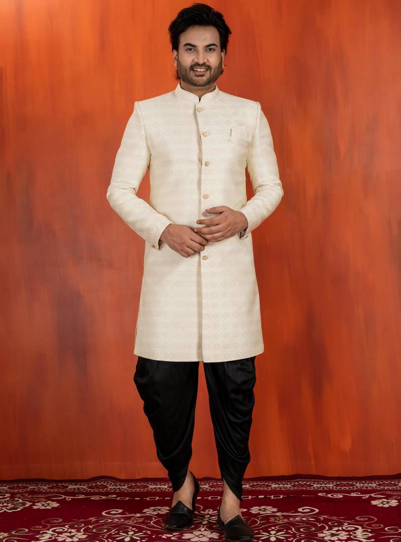 White jacquard blend closed indo western and dhoti set for men with embroidered work
