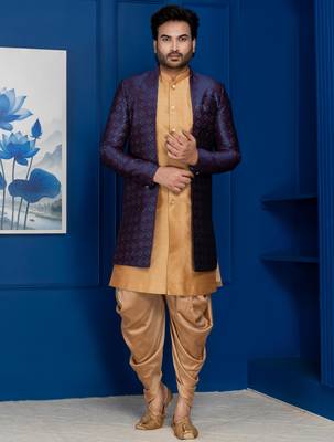 Chikoo jacquard blend indo western navy blue open sherwani and dhoti set for men with embroidered work 1
