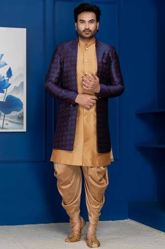 Chikoo jacquard blend indo western navy blue open sherwani and dhoti set for men with embroidered work