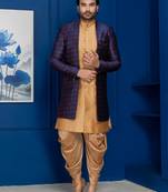 Chikoo jacquard blend indo western navy blue open sherwani and dhoti set for men with embroidered work