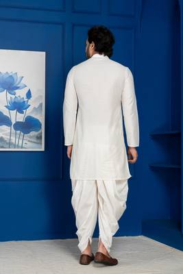 White silk blend kurta dhoti set for men with embroidered work 4