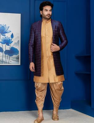 Chikoo jacquard blend indo western navy blue open sherwani and dhoti set for men with embroidered work 2