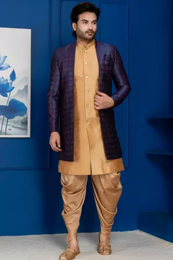 Chikoo jacquard blend indo western navy blue open sherwani and dhoti set for men with embroidered work