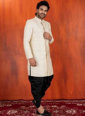 White jacquard blend closed indo western and dhoti set for men with embroidered work 2
