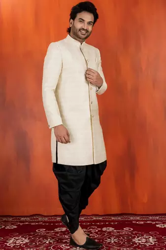 White jacquard blend closed indo western and dhoti set for men with embroidered work