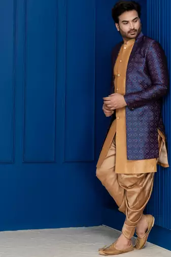 Chikoo jacquard blend indo western navy blue open sherwani and dhoti set for men with embroidered work