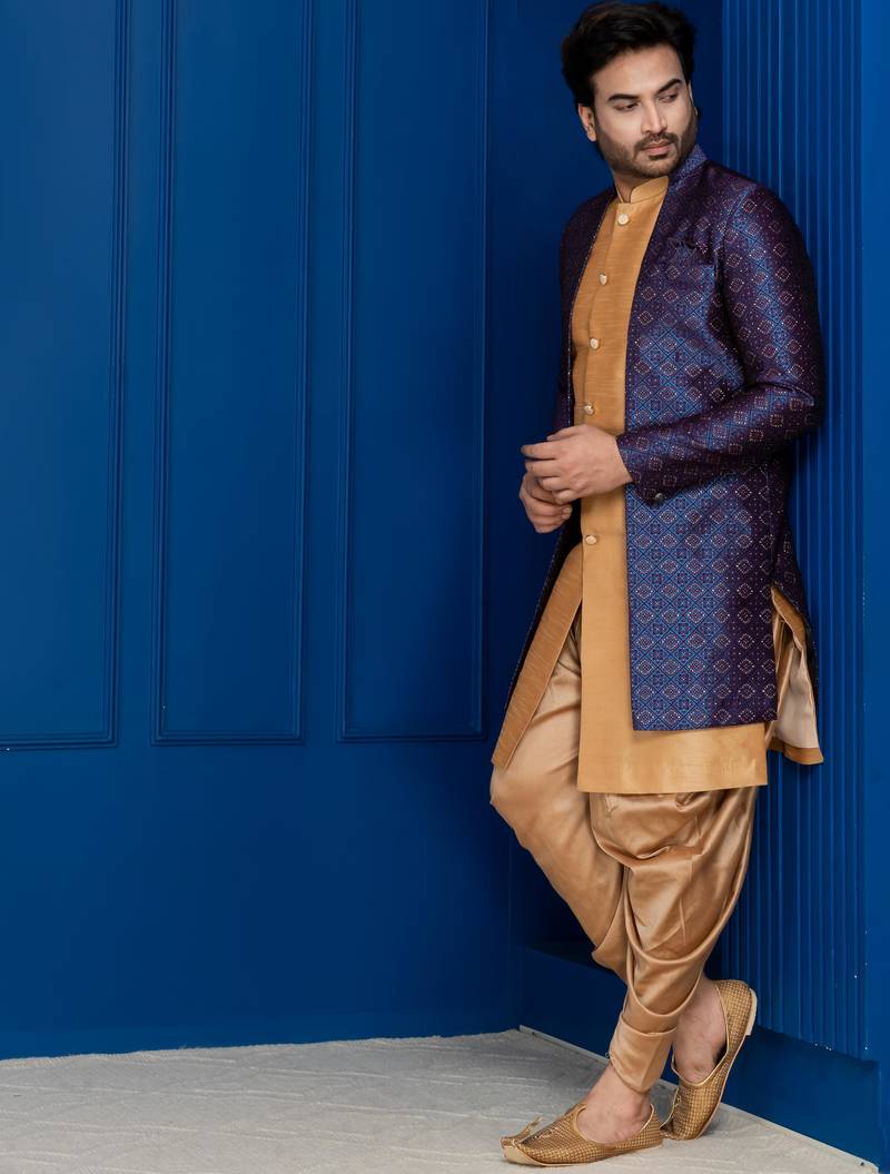 Chikoo jacquard blend indo western navy blue open sherwani and dhoti set for men with embroidered work