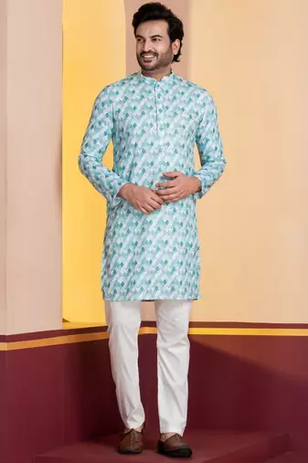 sky silk blend kurta pyjama set for men with printed work