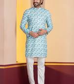 sky silk blend kurta pyjama set for men with printed work