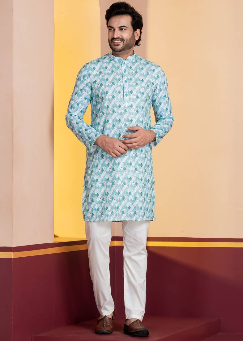 sky silk blend kurta pyjama set for men with printed work