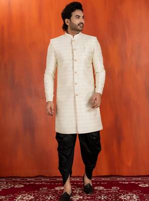 White jacquard blend closed indo western and dhoti set for men with embroidered work 3