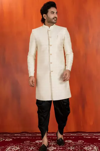 White jacquard blend closed indo western and dhoti set for men with embroidered work
