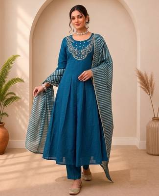 Teal Color Sequins and   Hand Work Cotton Salwar Suit  1