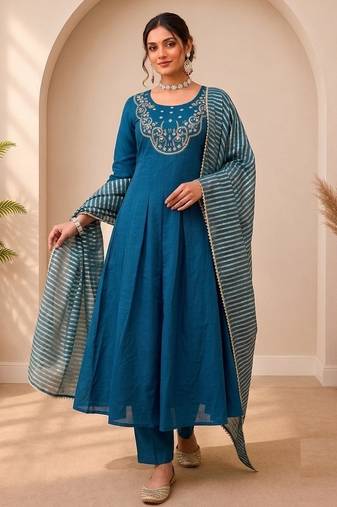 Teal Color Sequins and   Hand Work Cotton Salwar Suit 