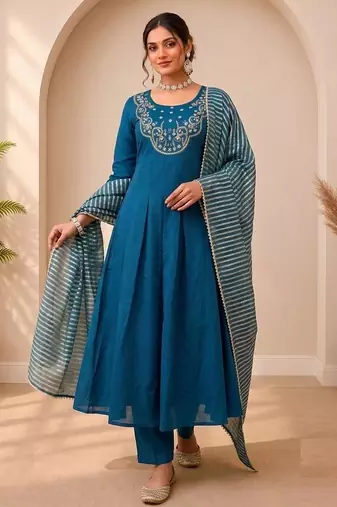Teal Color Sequins and   Hand Work Cotton Salwar Suit 