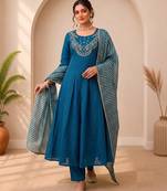 Teal Color Sequins and   Hand Work Cotton Salwar Suit 