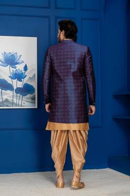 Chikoo jacquard blend indo western navy blue open sherwani and dhoti set for men with embroidered work 4