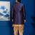 Chikoo jacquard blend indo western navy blue open sherwani and dhoti set for men with embroidered work