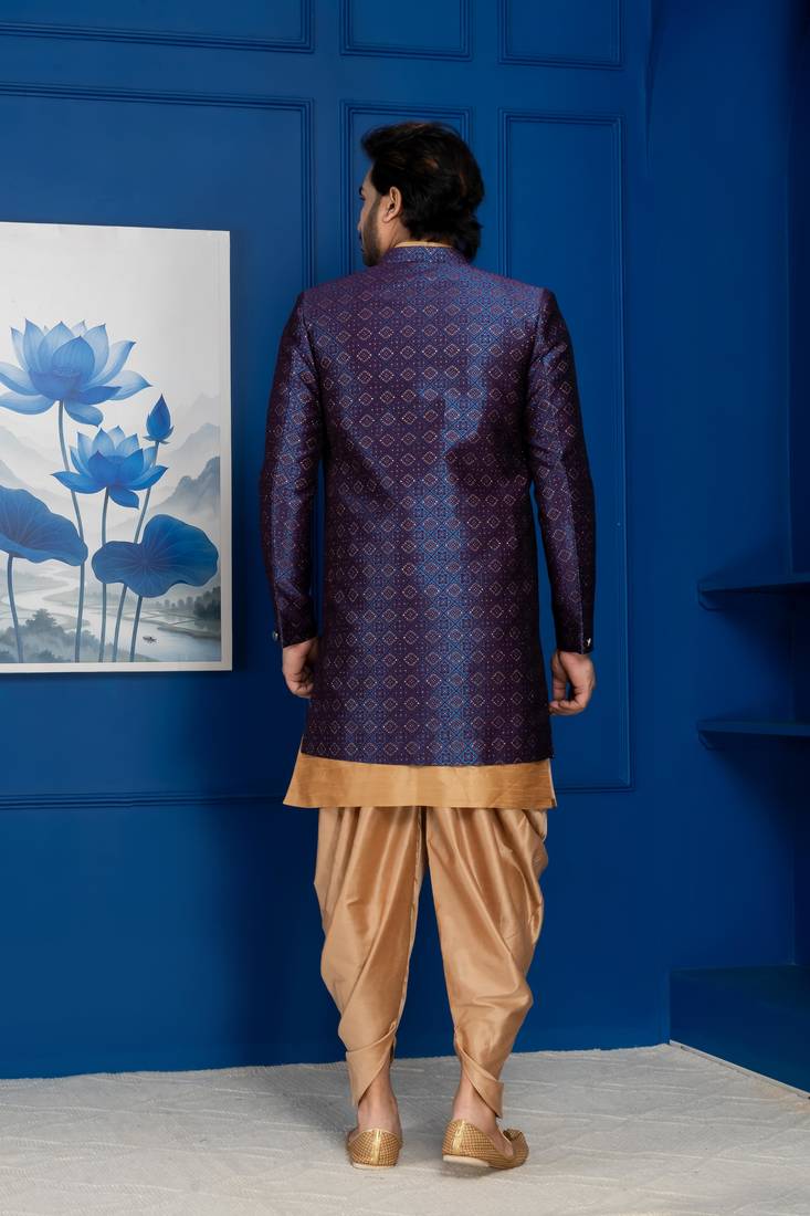 Chikoo jacquard blend indo western navy blue open sherwani and dhoti set for men with embroidered work