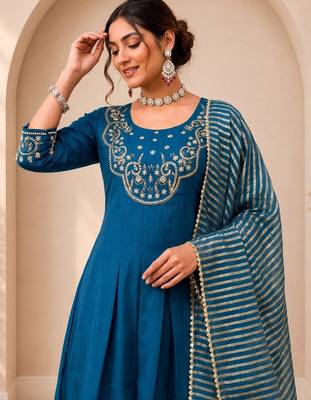 Teal Color Sequins and   Hand Work Cotton Salwar Suit  2