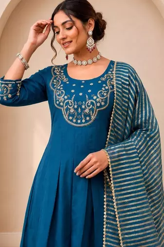 Teal Color Sequins and   Hand Work Cotton Salwar Suit 