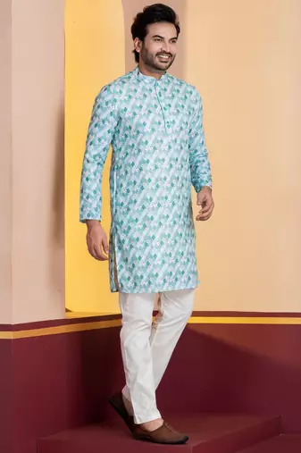 sky silk blend kurta pyjama set for men with printed work